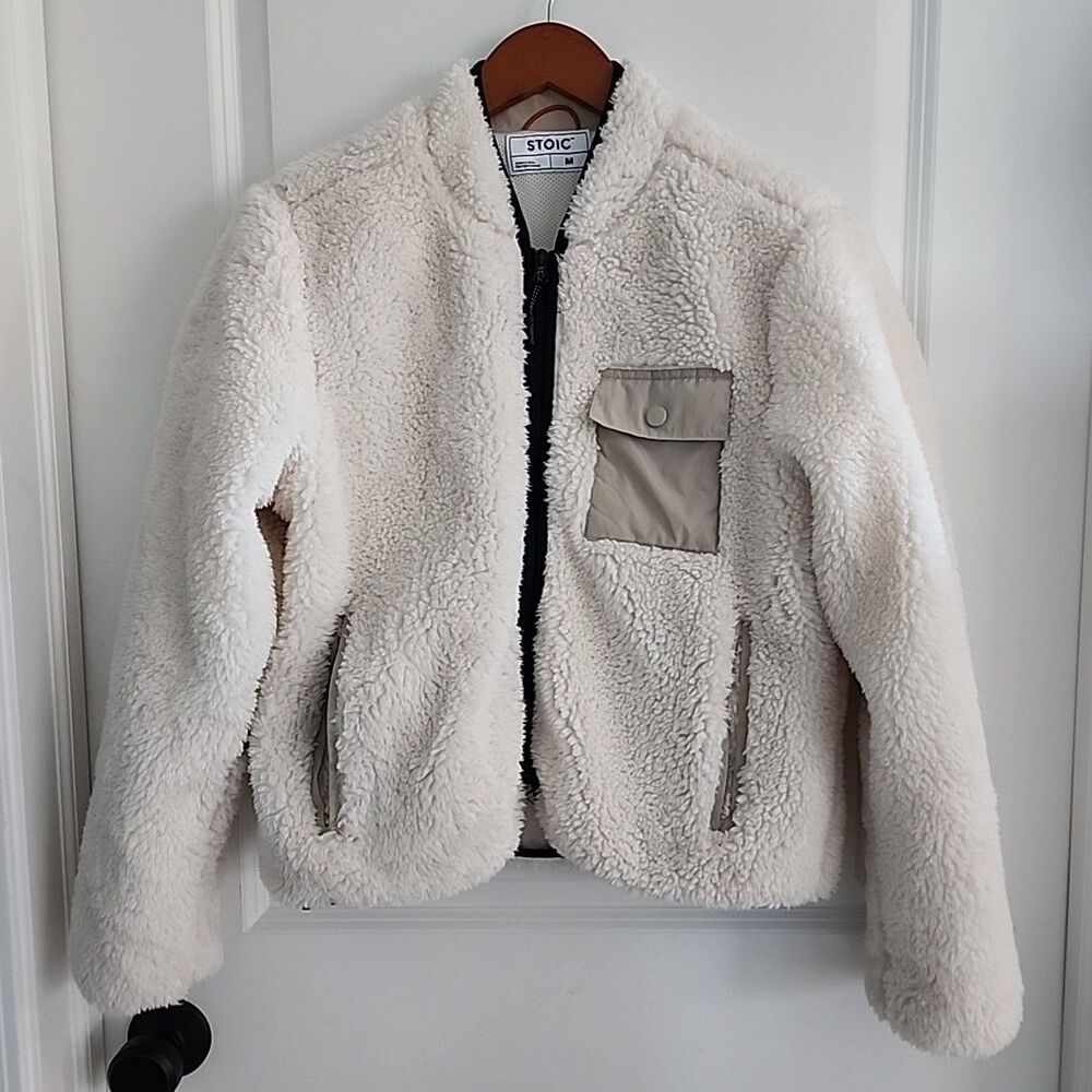 Stoic Sherpa Bomber Jacket Womens Egret Ivory Size M Full Zip Pockets Cozy